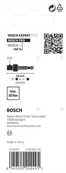Etikett für ein Bosch-Adapterwerkzeug mit maximal 80 Nm Drehmoment, Abmessungen und QR-Code. Made in China.