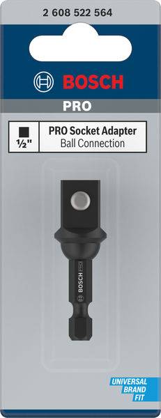 Bosch PRO Steckdosenadapter mit Kugelgelenk, Größe 1/2 Zoll, für universelle Passform. Verpackung zeigt das Produkt und Logo.