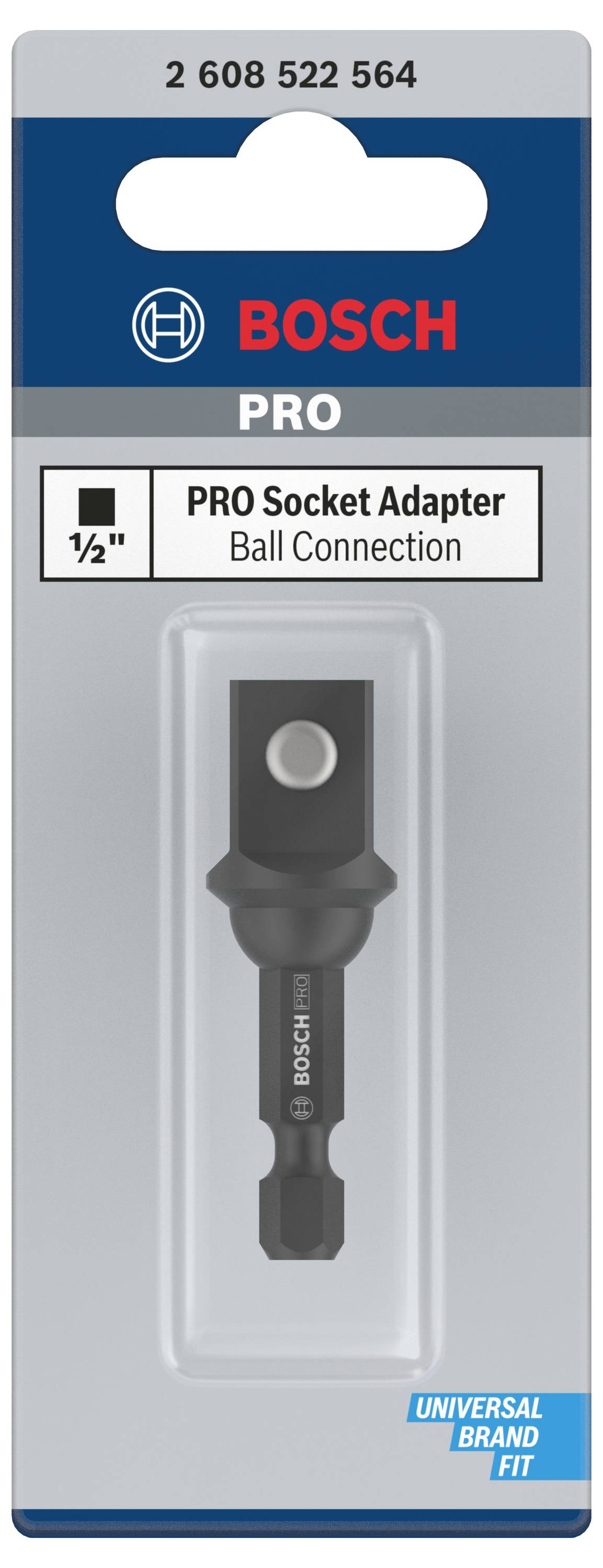 'Bosch PRO Steckdosenadapter' auf blau-grauer Verpackung. Adapter mit Kugelgelenk und 'Universal Brand Fit'.