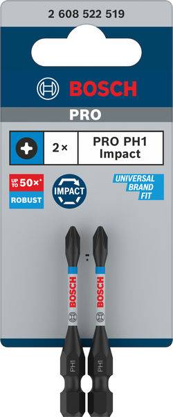 Verpackung von zwei Bosch PRO PH1 Impact Schraubendreherbits, geeignet für Universalgeräte. Steigerung der Robustheit um bis zu 50 %.