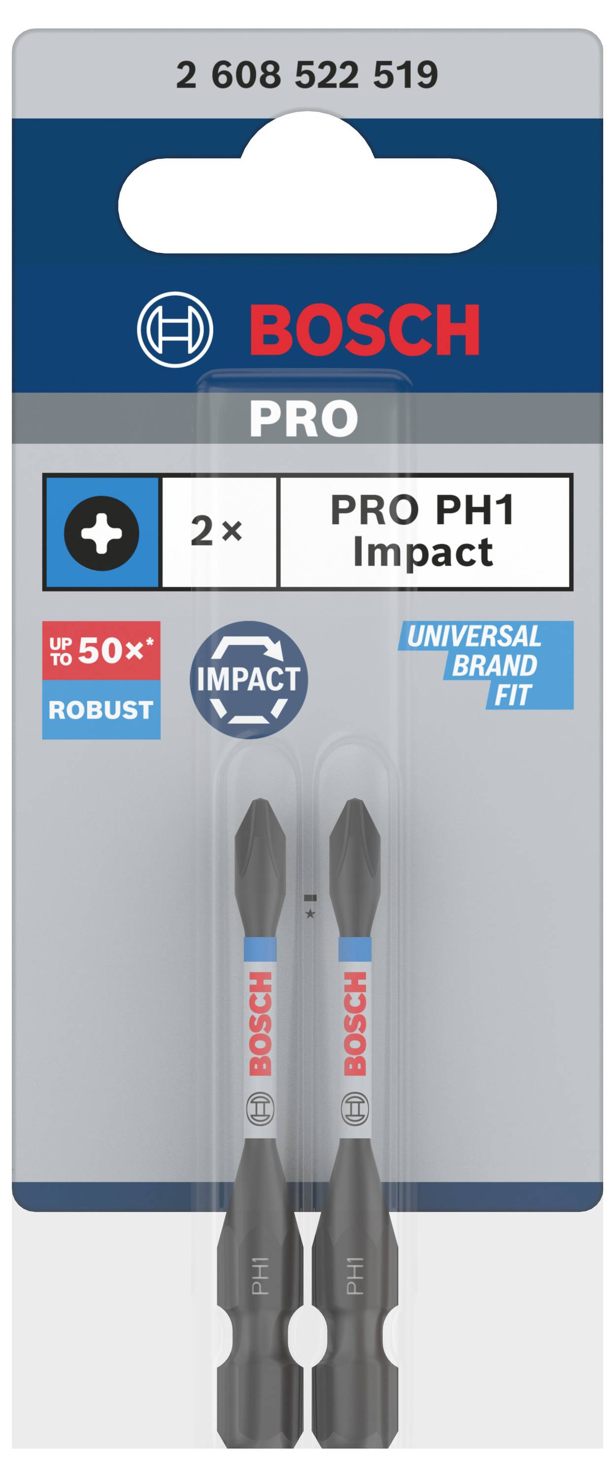 'Bosch PRO PH1 Impact' Bit-Set (2 Stück), verpackt. Geeignet für robuste Anwendungen und universell passend.