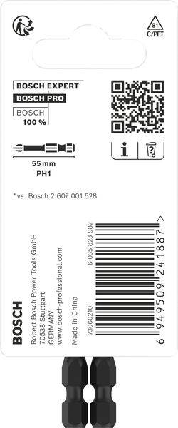 Verpackung für Bosch PH1 Schrauberbit, Länge 55 mm, enthält QR-Code, Strichcode, und Recyclinghinweis, hergestellt in China.