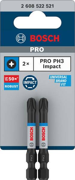 Verpackung mit zwei Bosch PRO PH3 Impact Schrauberbits, robust und universell passend laut Herstellerangaben auf der Verpackung.
