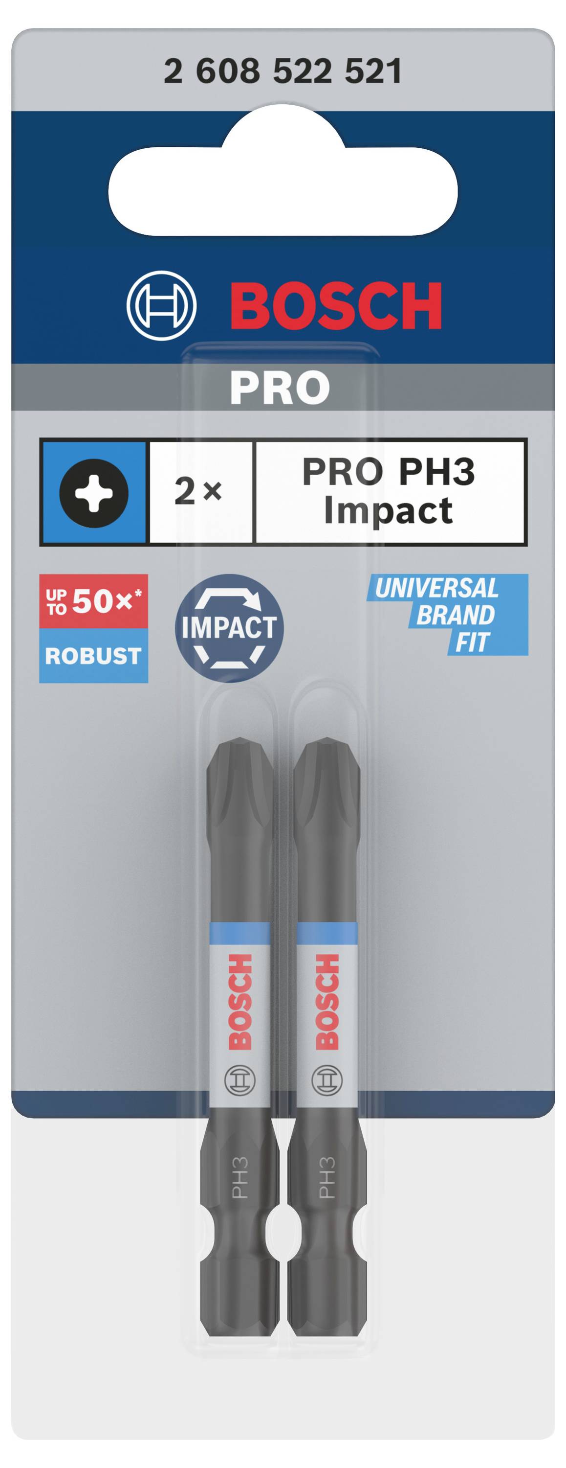 Verpackung mit zwei Bosch PRO PH3 Impact Schrauberbits, geeignet für robuste Anwendungen, universelle Passform.