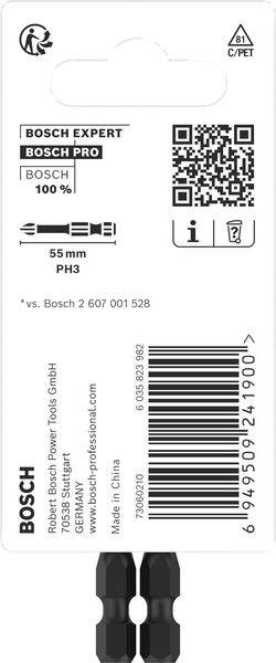 'Bosch Expert' Schraubendrehereinsätze, 55 mm PH3, Doppelpack. Kompatibel mit Bosch Pro. Verpackung zeigt Strichcode und QR-Code.