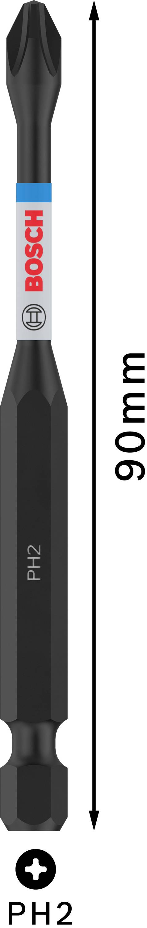 Schwarz-grauer PH2 Schraubendrehereinsatz von Bosch, 90 mm lang, für Kreuzschlitzschrauben.