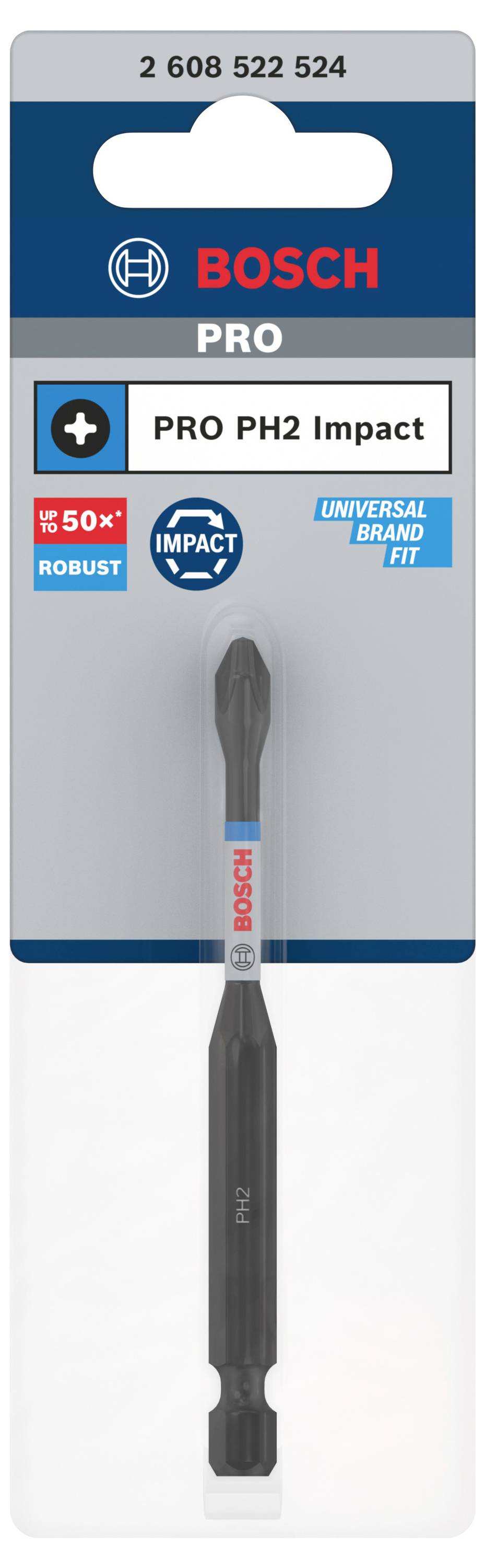 'Bosch PRO PH2 Impact' Schrauberbit-Verpackung. Zeigt ein schwarzes Bit mit PH2-Spitze, hervorgehoben als robust und universell passend.