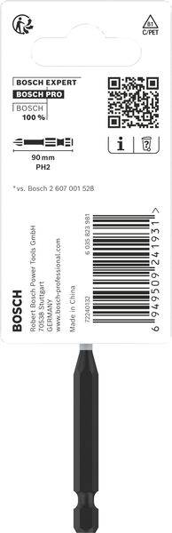 'Bosch Expert' Bitsatz-Verpackung mit QR-Code, Produktinformationen und Barcode oben. Darunter befindet sich der Bit mit speziellem Aufsatz.