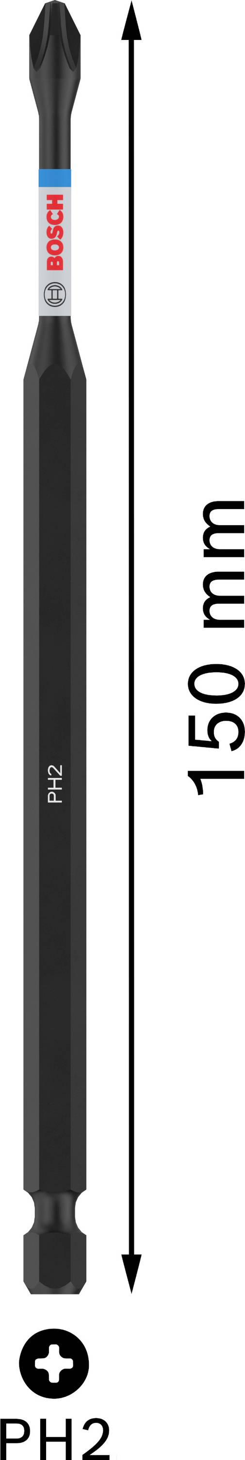 Bosch PH2 Schrauberbit, 150 mm Länge, Pfeil zeigt auf Enden des Bits.