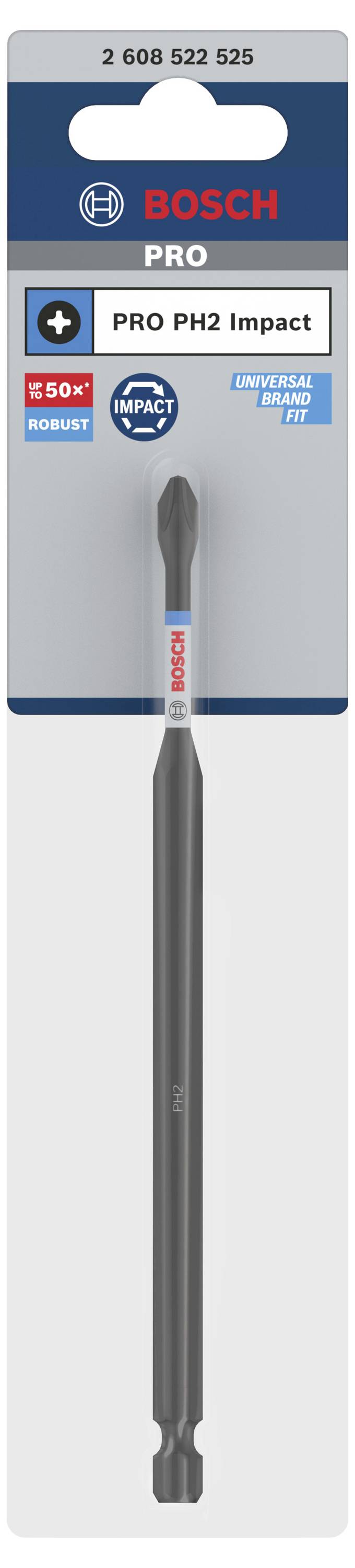 'Bosch PRO PH2 Impact' Schrauberbit, dunkelgrau, robust, länglich. Verpackung betont Langlebigkeit, geeignet für Elektrowerkzeuge.