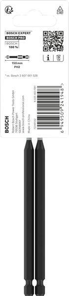 Zwei schwarze Bosch-Schrauberbits vor einer weißen Verpackung mit Produktinformationen, inklusive QR-Code und Barcode.