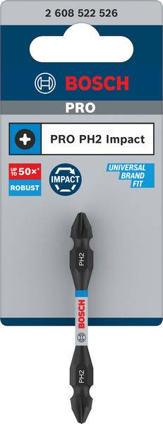 Verpackung eines Bosch PRO PH2 Impact Bits. Hervorgehobene Merkmale: robust, universelle Markenkompatibilität, über 50-fach langlebiger.