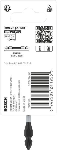 Etikett auf Verpackung eines Bosch Schrauberbits: 'Bosch Expert Pro,' PH2-PH2, 65 mm. Produktinformationen und QR-Code enthalten.