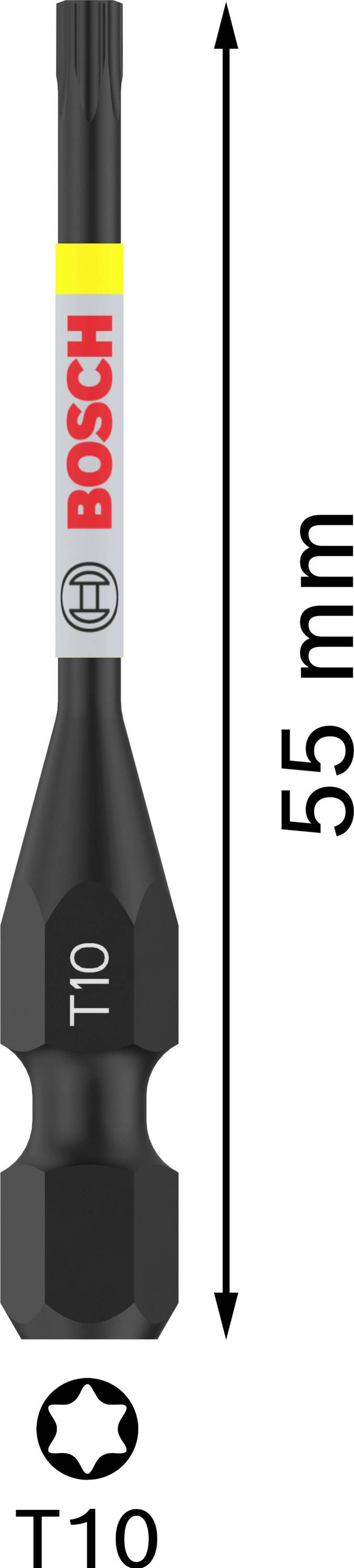 Torx-Schrauberbit T10 von 55 mm Länge mit 'BOSCH'-Logo. Ideal für präzises Arbeiten mit Torx-Schrauben.