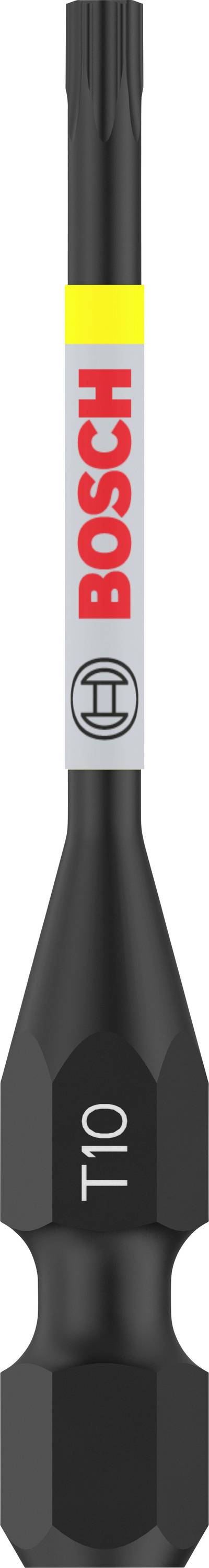 Schwarzer Schraubendreherkopf mit der Aufschrift 'T10'. Oben eine graue und gelbe Markierung mit 'BOSCH' in Rot.