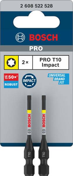 'Bosch PRO T10 Impact' Bitsatz-Abbildung. Zeigt zwei dunkle Bits, die für robuste Anwendungen ausgelegt sind. Verpackung mit Marken- und Produkthinweisen.