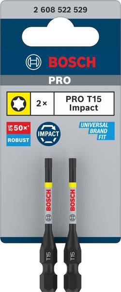 Packung mit zwei Bosch PRO T15 Impact Bits, geeignet für robuste Anwendungen, universelle Passform, Hervorhebung von Haltbarkeit.