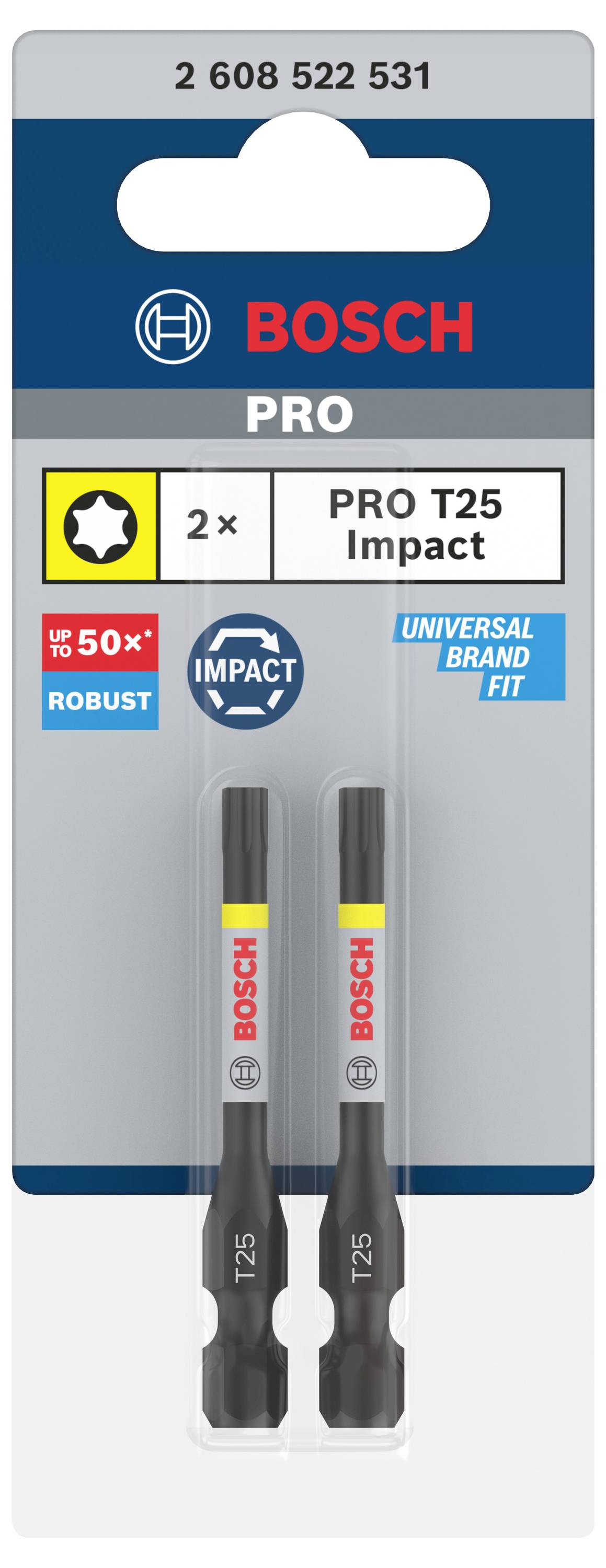 Verpackung mit zwei Bosch PRO T25 Impact Schrauberbits, robust und universell einsetzbar, in Blisterverpackung.