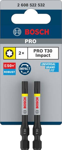 Zwei Bosch PRO T30 Impact-Bits in Verpackung, geeignet für robuste Anwendungen, mit 'Universal Brand Fit' und bis zu 50x längerer Lebensdauer.
