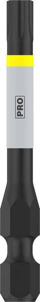 Ein schwarzer Schraubendrehereinsatz mit einer grauen Markierung und gelbem Ring, Aufschrift 'PRO' in der Mitte.
