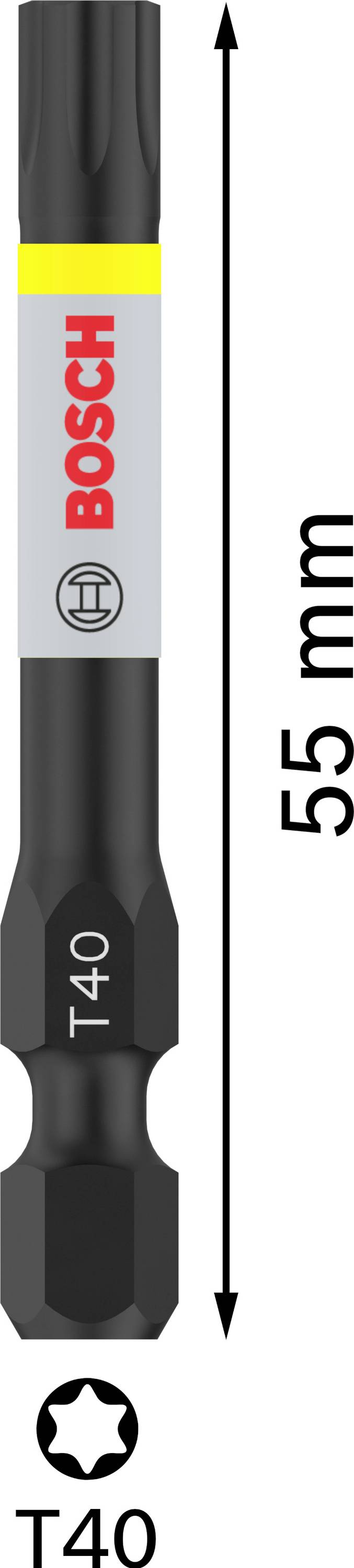 Torx-Bit T40 von Bosch, Länge 55 mm, schwarz, mit gelb-grauem Etikett. Markenname in roter Schrift.