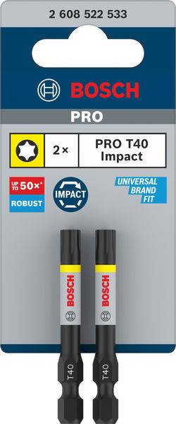 Verpackung für Bosch Pro T40 Impact Schrauberbits, 2 Stück, robust und universell passend. Geeignet für vielseitigen Einsatz.