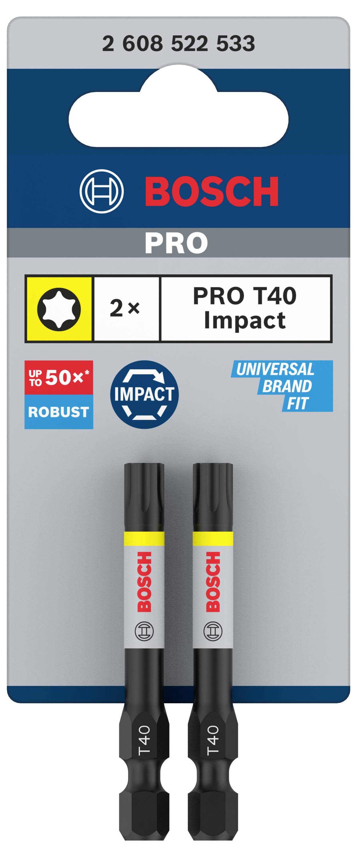 Verpackung mit zwei Bosch PRO T40 Impact Schrauberbits. Hervorgehoben: robust, universelle Passform, bis zu 50-mal länger haltbar.