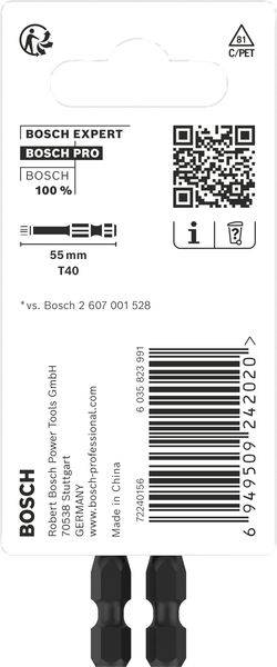 Zwei schwarze Bosch-Schraubendreher-Bits, T40-Typ, 55 mm lang, auf einer weißen Verpackung mit technischem QR-Code und Sicherheitshinweisen.