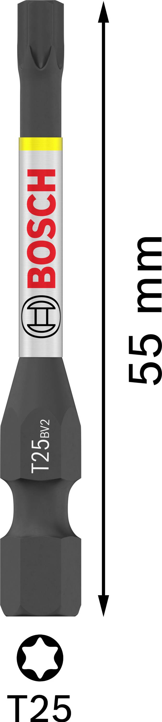 "Schrauberbit T25" von Bosch, 55 mm lang, mit Torx-Kopf. Geeignet für präzises Schrauben mit elektromagnetischer Schlagschrauber.