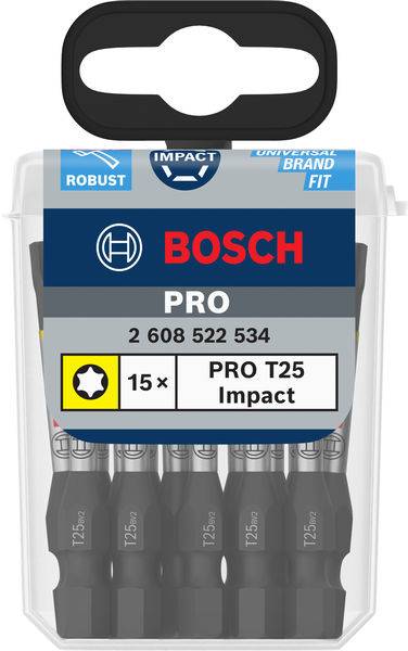Verpackung mit 15 Bosch PRO T25 Impact Schraubendreherbits, robust und universell passend, Artikelnummer: 2 608 522 534.