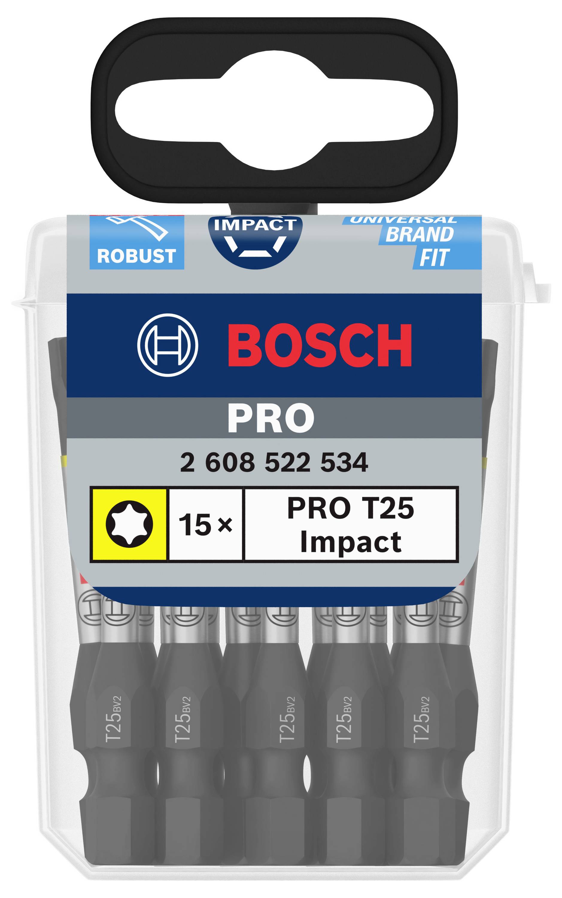 Schachtel mit 15 Bosch PRO T25 Impact Schrauberbits. Geeignet für robuste Anwendungen.