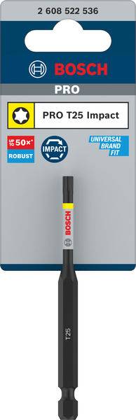 'Bosch PRO T25 Impact' Bit einzeln in Verpackung, mit Angaben zur Robustheit und Passform auf blau-grauem Hintergrund.