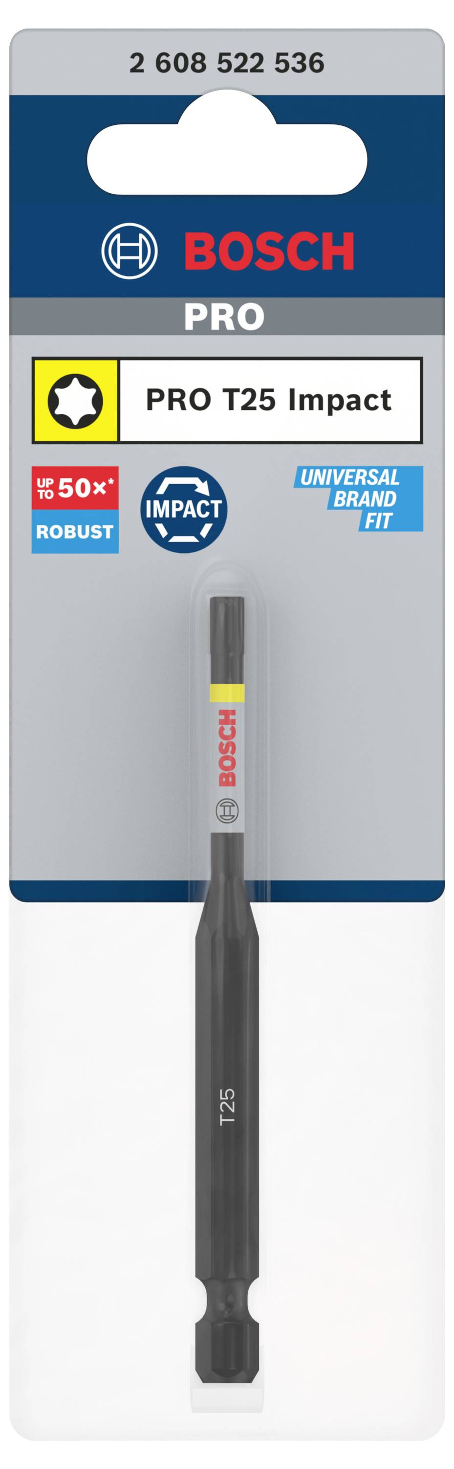 Schraubendreher-Bit von Bosch für T25-Schrauben, PRO-Serie, mit Aufschrift 'Impact', Verpackung zeigt Langlebigkeit und Universal Fit.