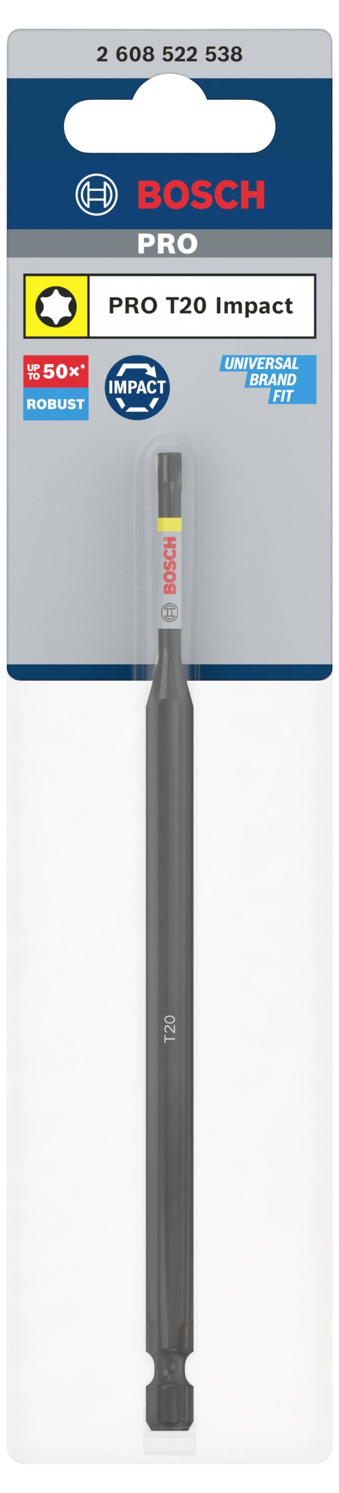 Verpackung eines Bosch PRO T20 Impact Bits. Text auf der Verpackung: 'PRO T20 Impact, 250x robust, extra lange Lebensdauer'.