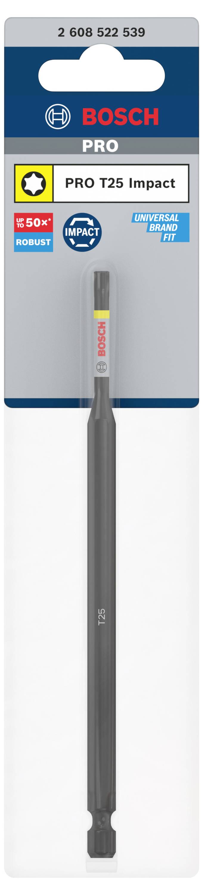 'Bosch Pro T25 Impact' Schrauberbit in Verpackung mit Etikett mit Herstellerlogo, 'PRO T25 Impact' Beschriftung und Haltbarkeitshinweisen.