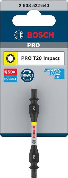 'Bosch PRO T20 Impact' Schrauberbit in Verpackung, geeignet für Universalmarken. Betont Robustheit und Schlagfestigkeit.