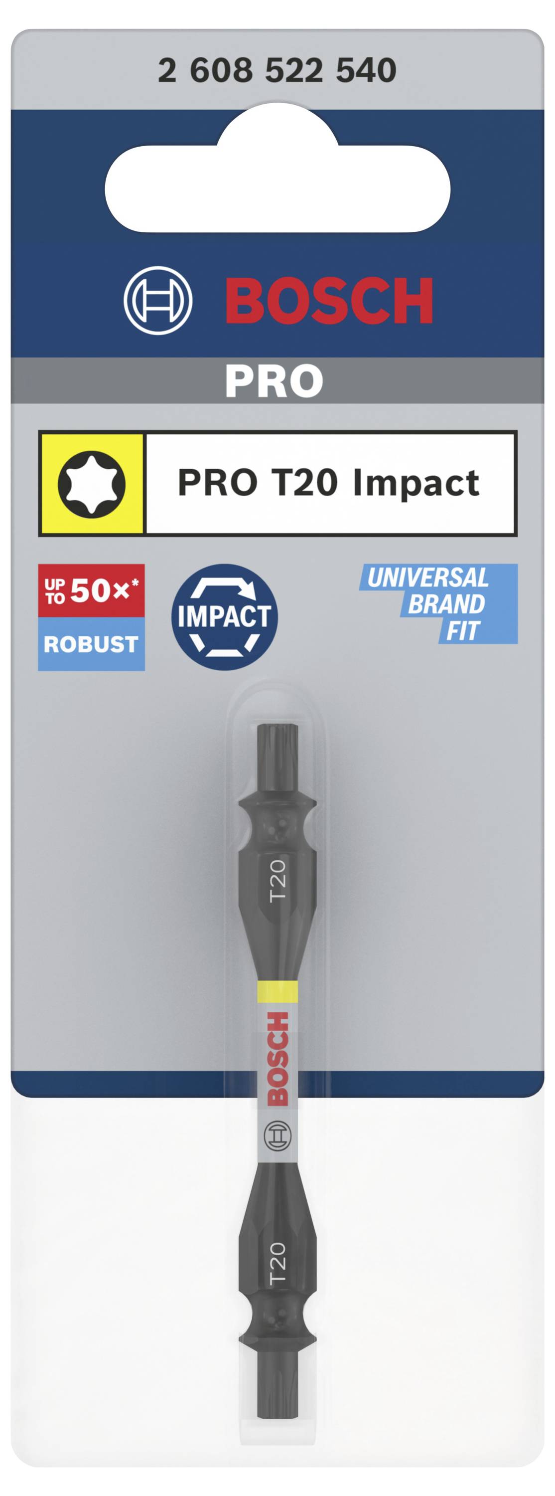Bosch PRO T20 Impact Bit in Verpackung, hervorgehoben 'Robust', 'Universal Brand Fit'. Geeignet für T20 Schrauben, erhöht Haltbarkeit.