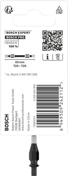 'Bosch Expert' Verpackungsetikett für einen 65 mm T20-Schrauberbit, mit QR-Code und Recyclinginformationen.