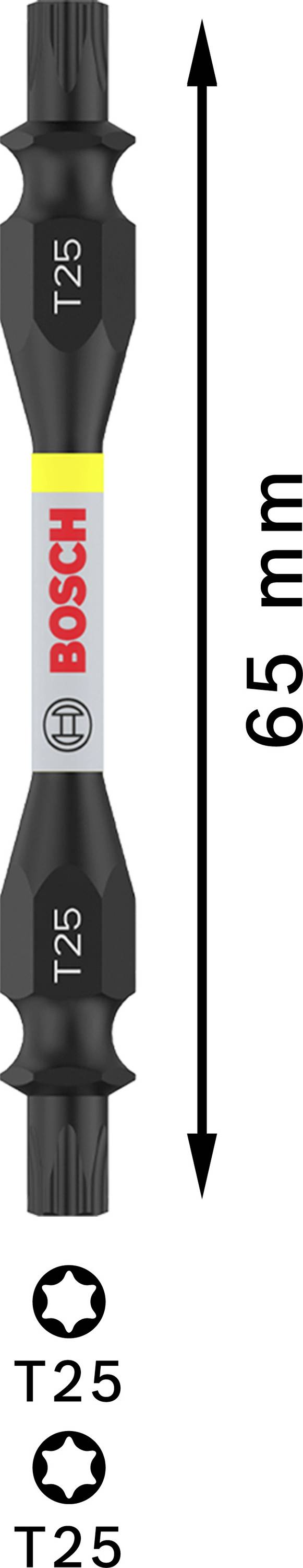 Doppel-Bit T25, Länge 65 mm, Bosch Logo in der Mitte. Pfeil zeigt Länge an, Symbole T25 an beiden Enden.