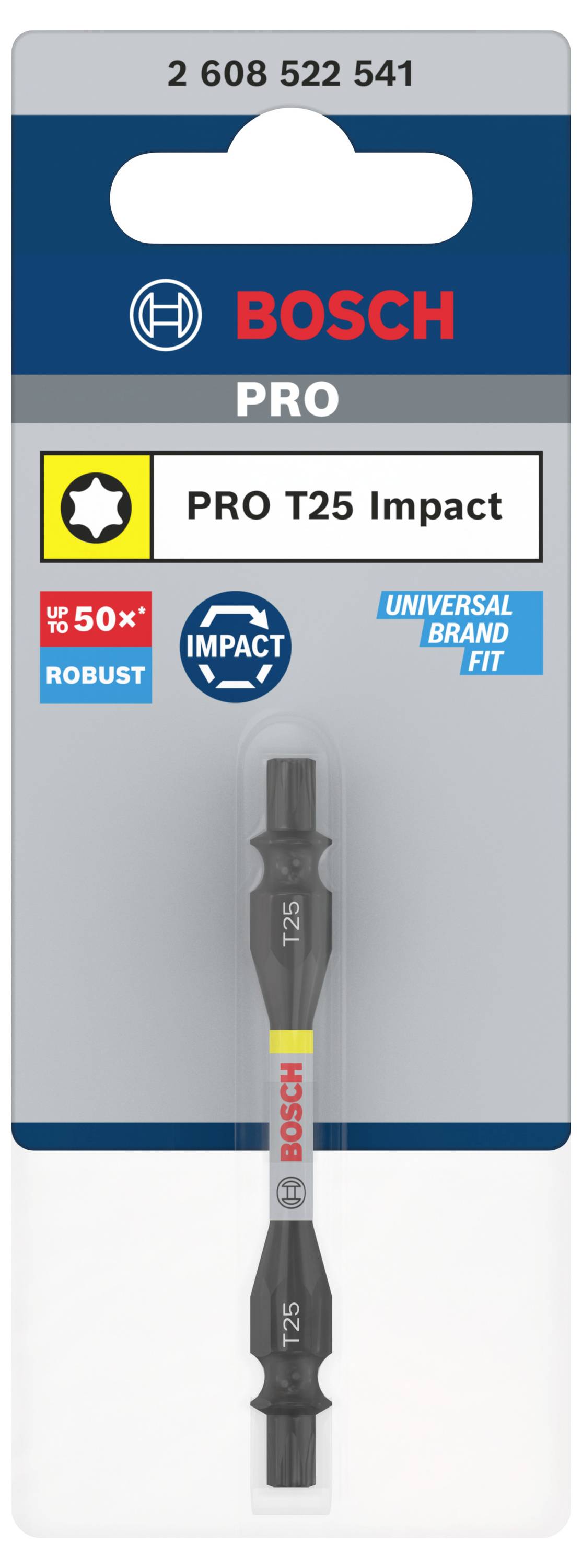 Bosch PRO T25 Impact-Bit im Blisterpack, geeignet für robuste Anwendungen, unterstützt universelle Markenkompatibilität.