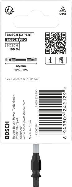 'BOSCH EXPERT BOSCH PRO' Schraubendreher-Bit, 65 mm Länge, T25-T25, aus China. QR-Code und Recycling-Informationen sichtbar.