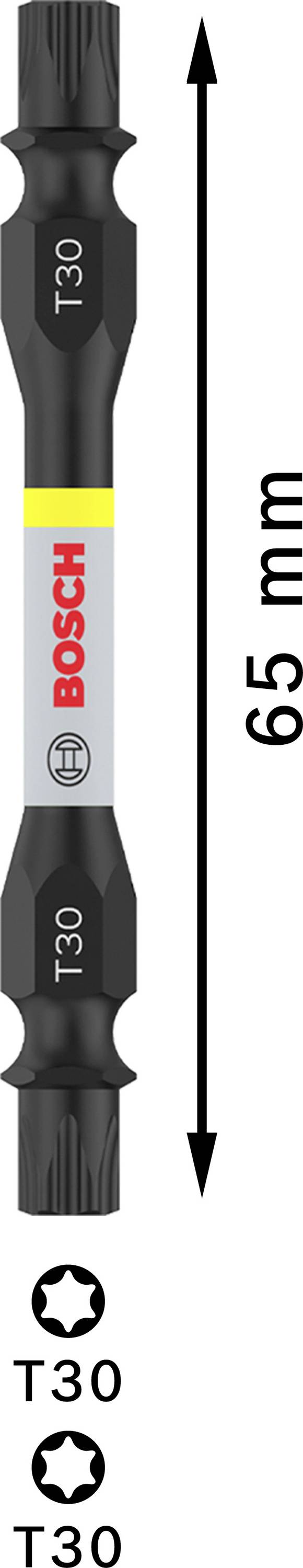 Doppelseitiger Schraubbitsatz der Marke Bosch mit einer Länge von 65 mm, Typ T30, geeignet für Torx-Schrauben.
