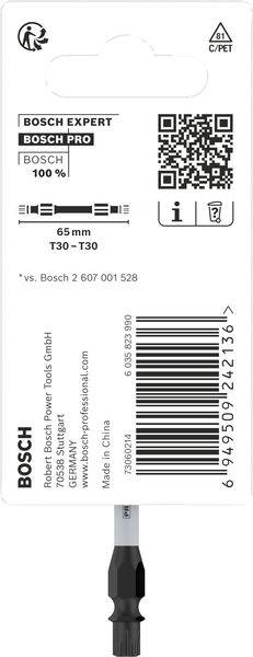 Bithalter von Bosch Expert Pro, 65 mm, T30-T30, mit Barcode und QR-Code, hergestellt in China.