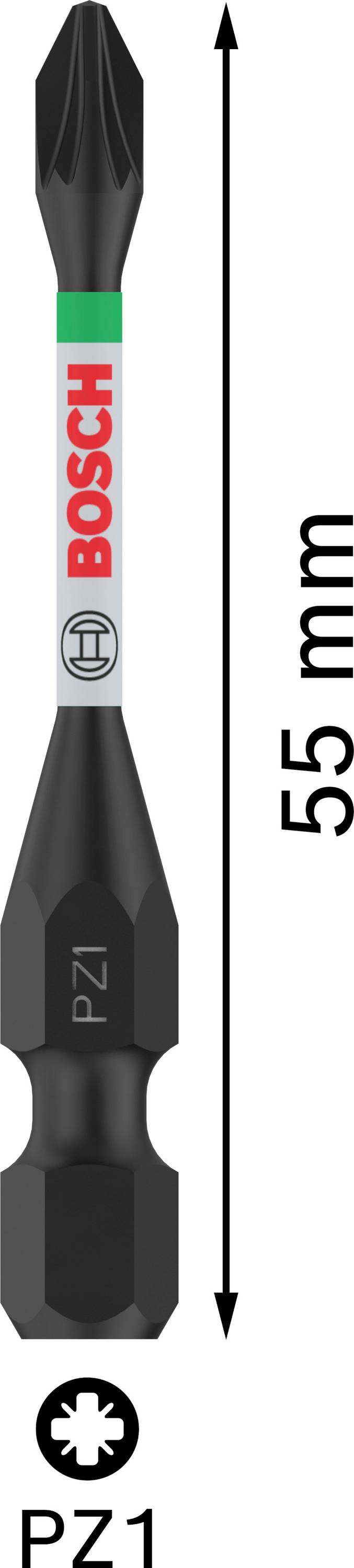 Ein Bosch-Schraubendreherbit, 55 mm lang, mit PZ1-Spitze, geeignet für Kreuzschlitzschrauben.