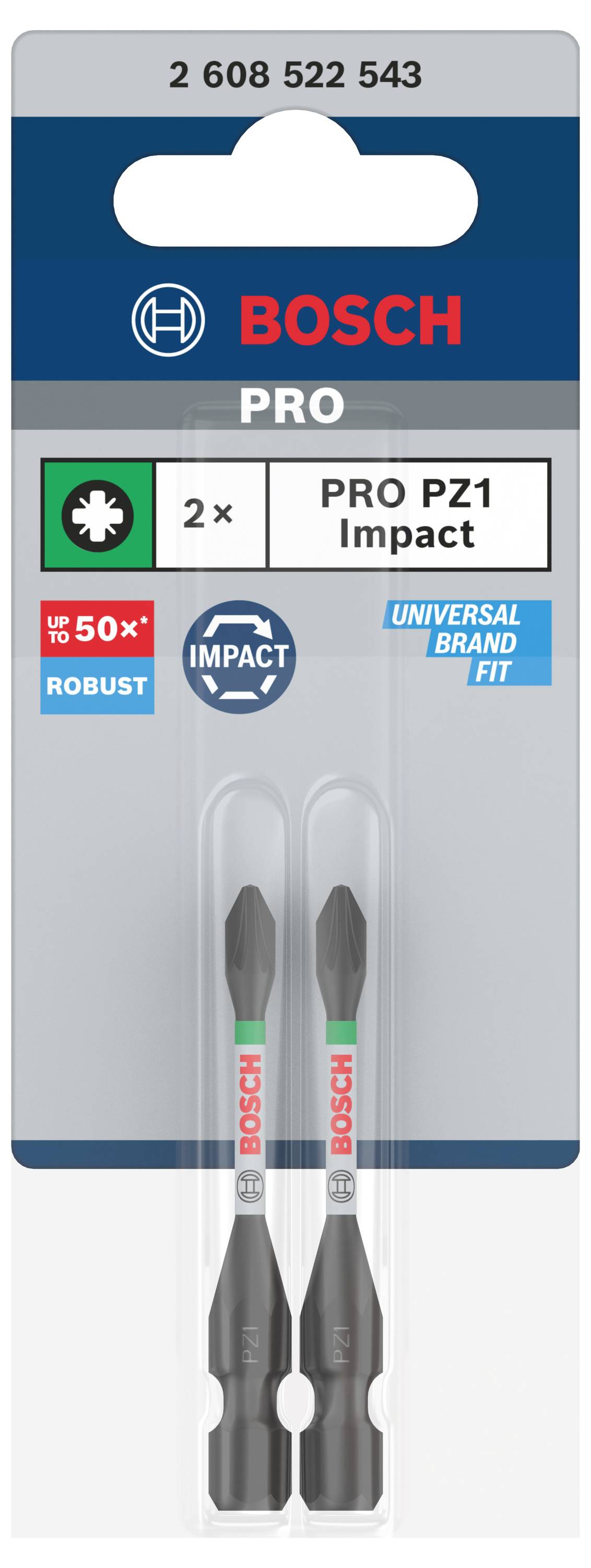 'Bosch PRO PZ1 Impact' Schrauberbit-Set in einer Blisterverpackung, 2-teilig, geeignet für universelle Anwendungen und robusten Einsatz.