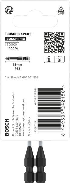 Verpackung für Bosch Expert Schrauberbit PZ1, 55 mm. Enthält QR-Code, Recycling-Symbol und Produktnummer.