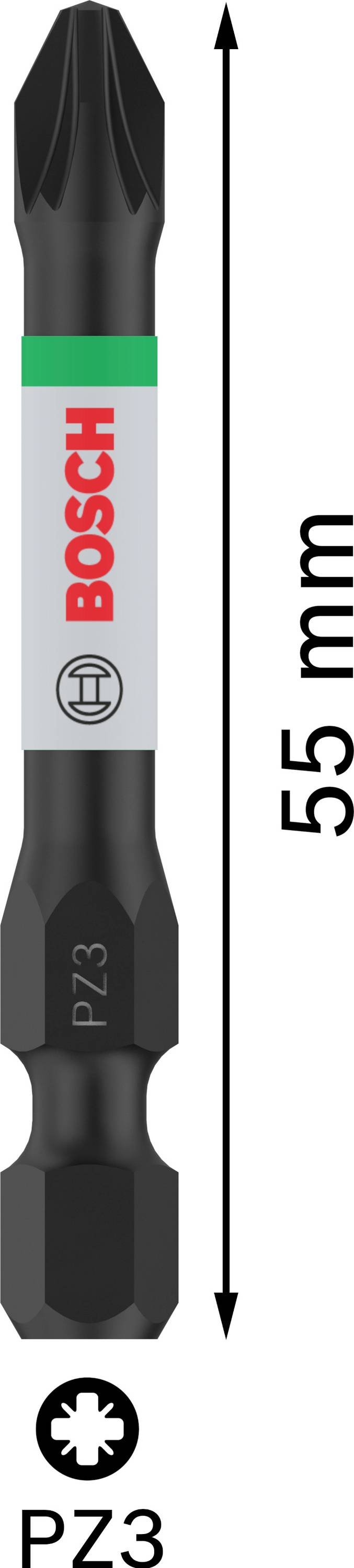 Eine Bosch PZ3-Schrauberbit, 55 mm lang, mit einem Kreuzschlitz-Profil dargestellt.