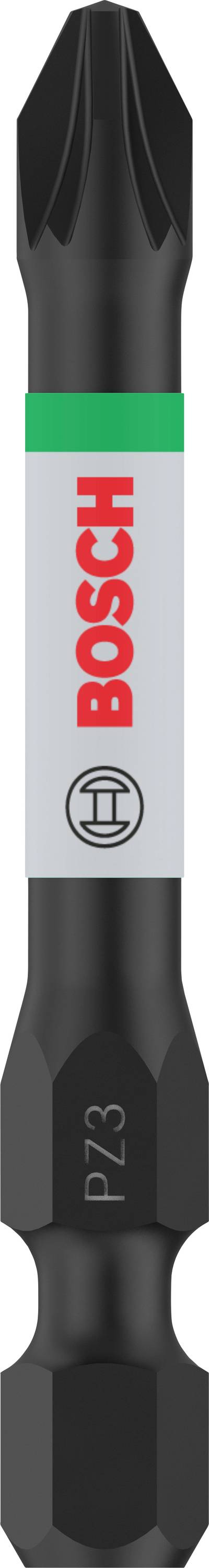 Ein schwarzer Bosch-Schrauberbit mit rotem Bosch-Logo und grüner Markierung.
