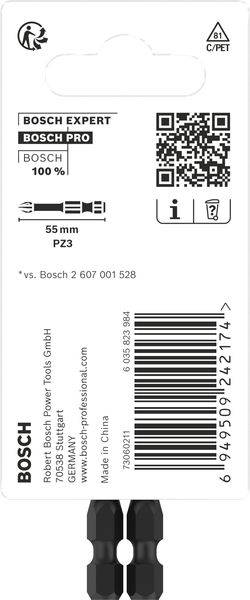 Verpackung von Bosch Bit, 55 mm PZ3, enthält QR-Code, Recycling- und Warnsymbole, hergestellt in China. Vergleichsnummer: 2 607 001 528.