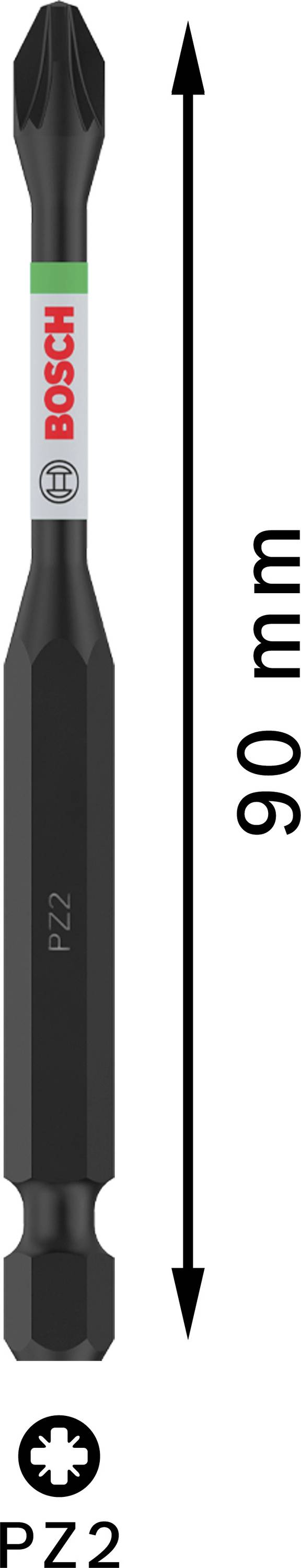 Bosch Schrauberbit, PZ2, 90 mm Länge, Pfeil zeigt Bitlänge an.